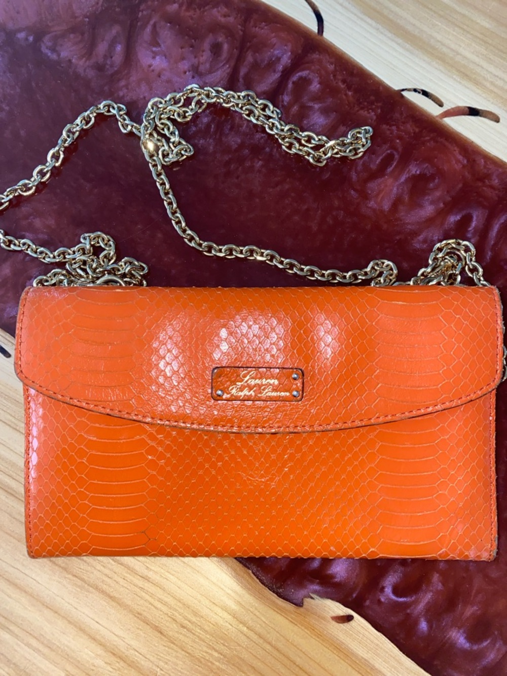 Vintage Lauren Ralph Lauren Orange Women's Snake-Embossed Chain Clutch